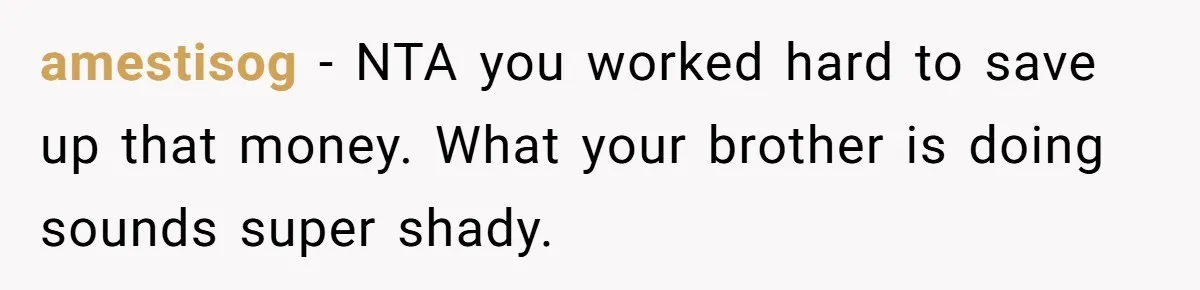 amestisog - NTA you worked hard to save up that money. What your brother is doing sounds super shady.