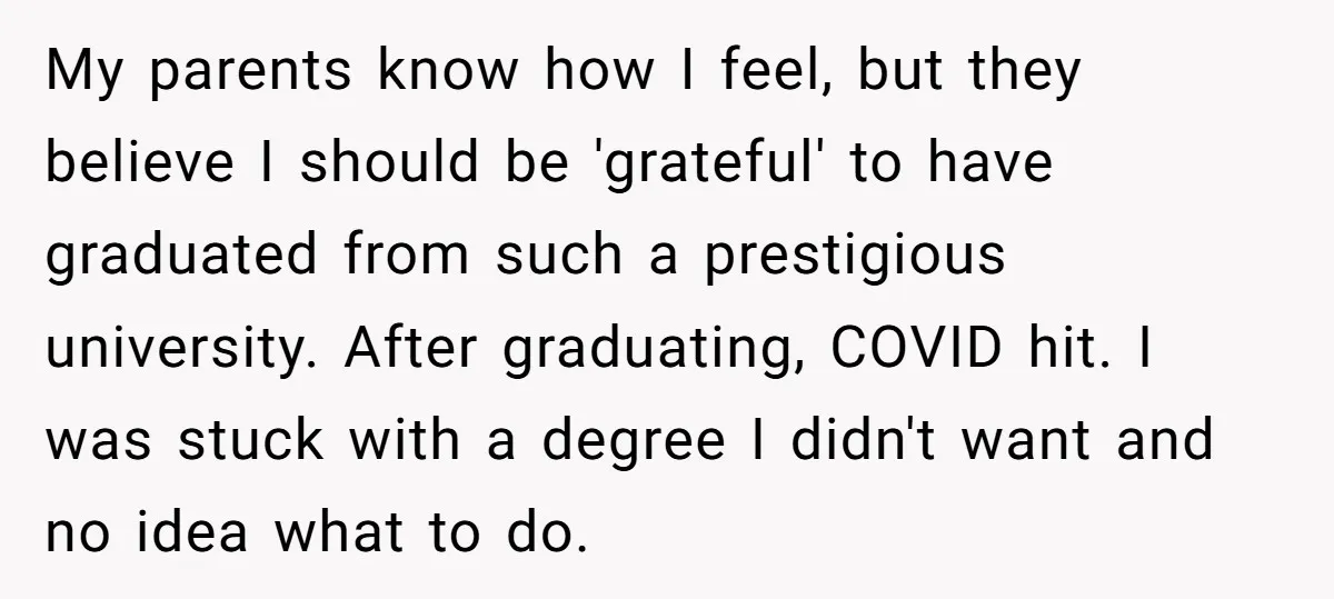 My parents know how I feel, but they believe I should be 'grateful' to have graduated from such a prestigious university. After graduating, COVID hit. I was stuck with a...