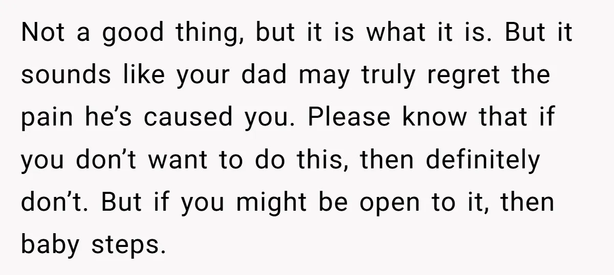 Not a good thing, but it is what it is. But it sounds like your dad may truly regret the pain he’s caused you. Please know that if you don’t...