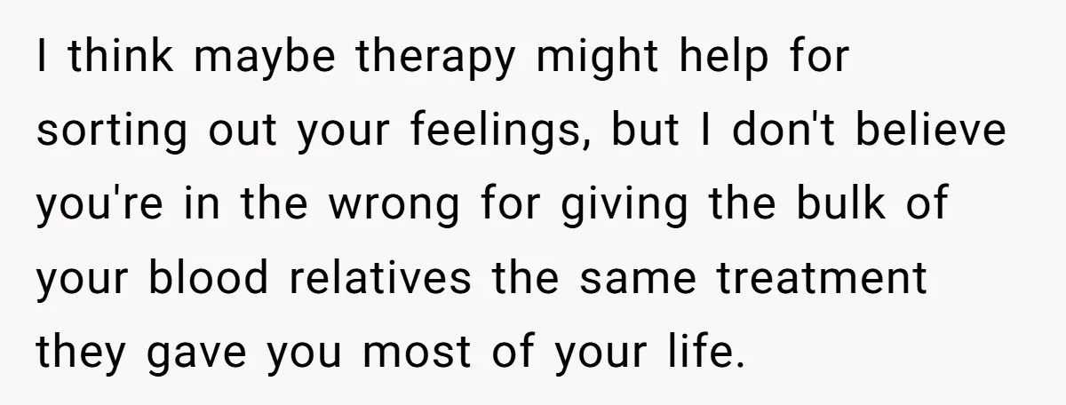 I think maybe therapy might help for sorting out your feelings, but I don't believe you're in the wrong for giving the bulk of your blood relatives the same treatment...