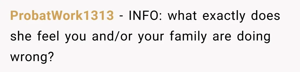 ProbatWork1313 - INFO: what exactly does she feel you and/or your family are doing wrong?