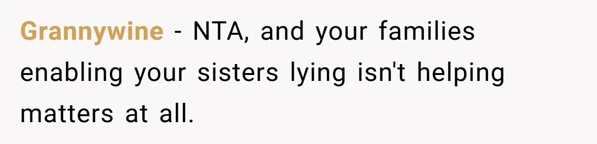 Grannywine - NTA, and your families enabling your sisters lying isn't helping matters at all.