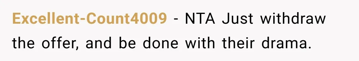Excellent-Count4009 − NTA Just withdraw the offer, and be done with their drama.