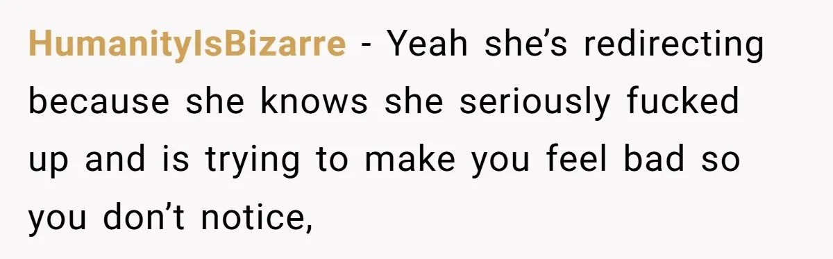 HumanityIsBizarre − Yeah she’s redirecting because she knows she seriously fucked up and is trying to make you feel bad so you don’t notice,