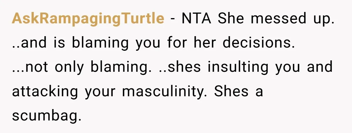 AskRampagingTurtle − NTA She messed up. ..and is blaming you for her decisions. ...not only blaming. ..shes insulting you and attacking your masculinity. Shes a scumbag.