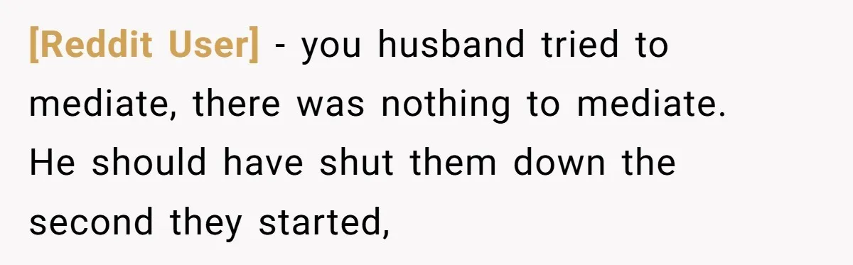 [Reddit User] − you husband tried to mediate, there was nothing to mediate.   He should have shut them down the second they started,