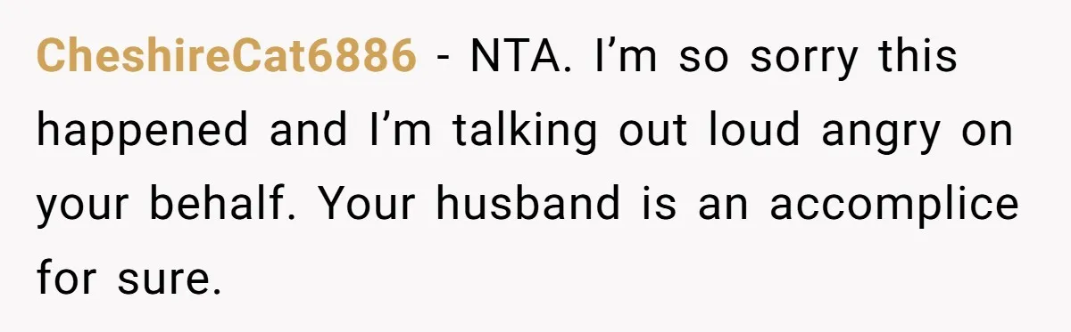 CheshireCat6886 − NTA. I’m so sorry this happened and I’m talking out loud angry on your behalf. Your husband is an accomplice for sure.