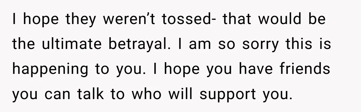 I hope they weren’t tossed- that would be the ultimate betrayal. I am so sorry this is happening to you. I hope you have friends you can talk to who...