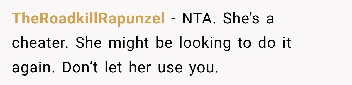 TheRoadkillRapunzel − NTA. She’s a cheater. She might be looking to do it again. Don’t let her use you.