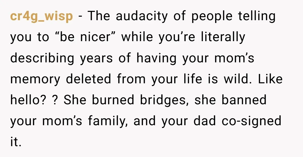 cr4g_wisp − The audacity of people telling you to “be nicer” while you’re literally describing years of having your mom’s memory deleted from your life is wild. Like hello? ?...