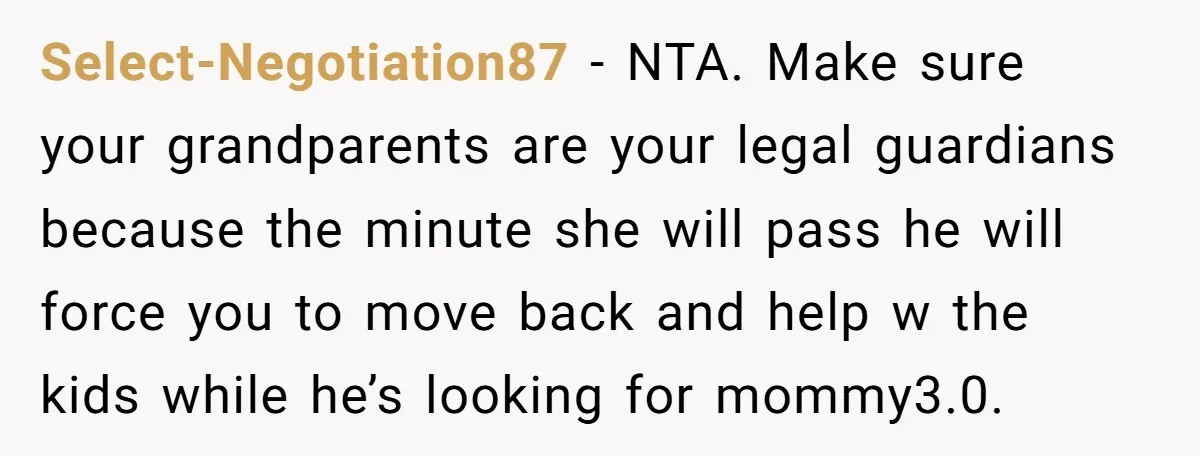 Select-Negotiation87 − NTA. Make sure your grandparents are your legal guardians because the minute she will pass he will force you to move back and help w the kids while...