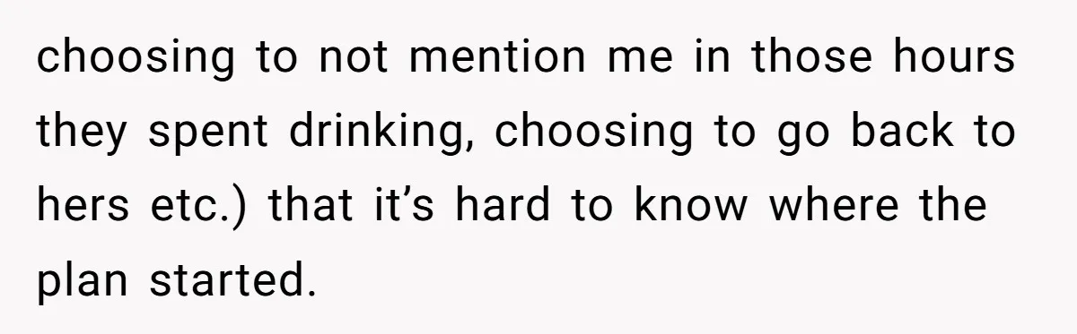 choosing to not mention me in those hours they spent drinking, choosing to go back to hers etc.) that it’s hard to know where the plan started.