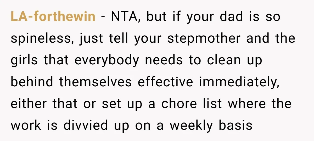 LA-forthewin − NTA, but if your dad is so spineless, just tell your stepmother and the girls that everybody needs to clean up behind themselves effective immediately, either that or...