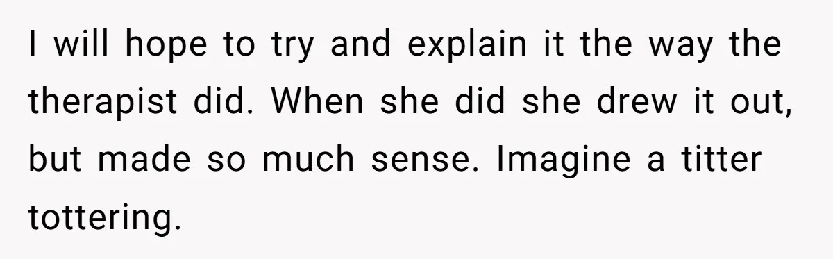I will hope to try and explain it the way the therapist did. When she did she drew it out, but made so much sense. Imagine a titter tottering.