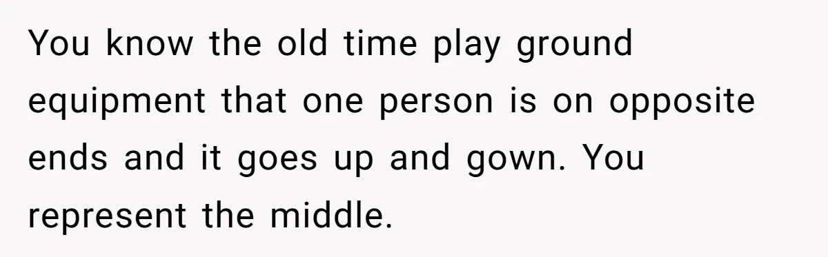 You know the old time play ground equipment that one person is on opposite ends and it goes up and gown. You represent the middle.
