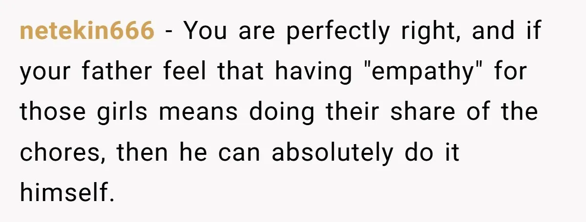 netekin666 − You are perfectly right, and if your father feel that having "empathy" for those girls means doing their share of the chores, then he can absolutely do it...