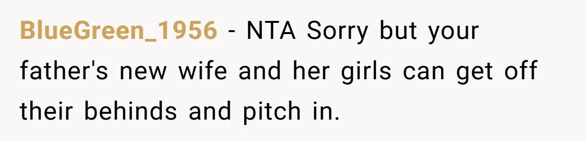 BlueGreen_1956 − NTA Sorry but your father's new wife and her girls can get off their behinds and pitch in.
