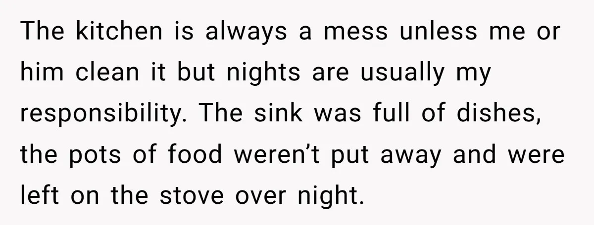 The kitchen is always a mess unless me or him clean it but nights are usually my responsibility. The sink was full of dishes, the pots of food weren’t put...
