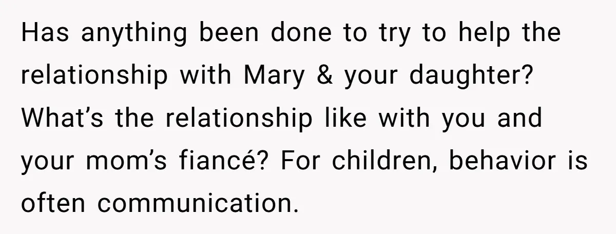 Has anything been done to try to help the relationship with Mary & your daughter? What’s the relationship like with you and your mom’s fiancé? For children, behavior is often...