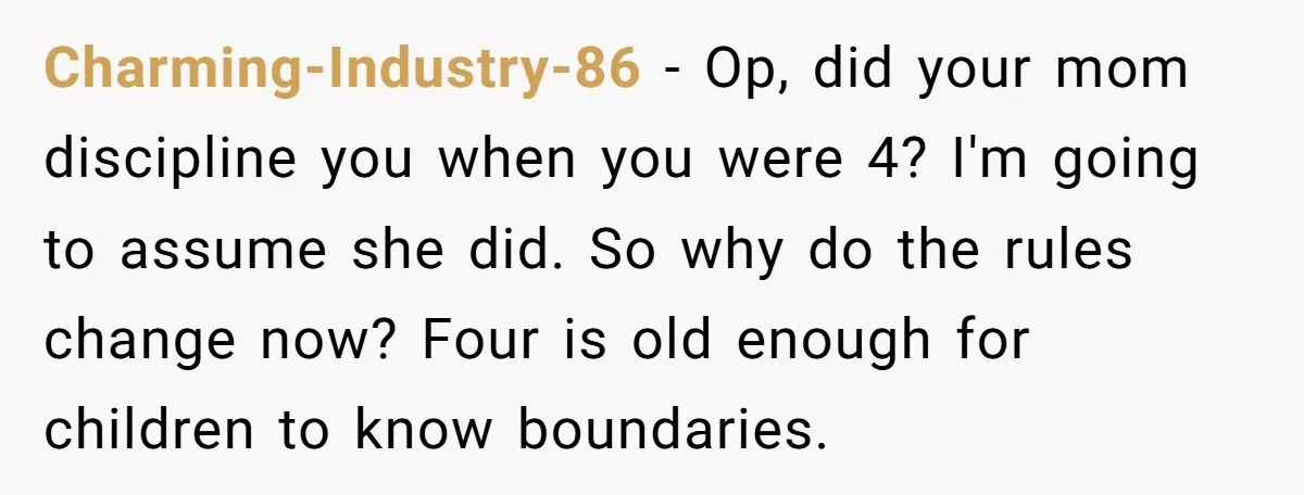 Charming-Industry-86 − Op, did your mom discipline you when you were 4? I'm going to assume she did. So why do the rules change now? Four is old enough for...