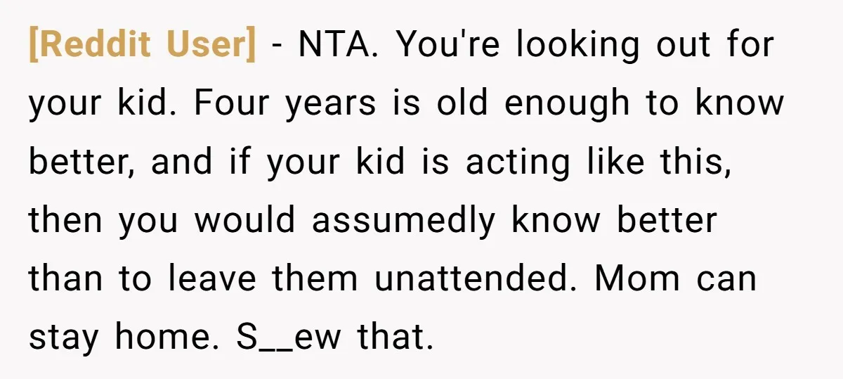 [Reddit User] − NTA. You're looking out for your kid. Four years is old enough to know better, and if your kid is acting like this, then you would assumedly...