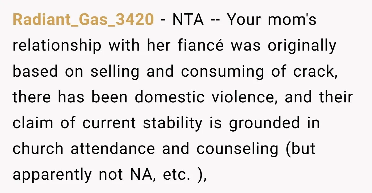 Radiant_Gas_3420 − NTA -- Your mom's relationship with her fiancé was originally based on selling and consuming of crack, there has been domestic violence, and their claim of current stability...