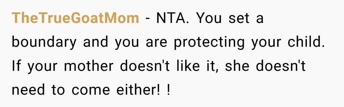 TheTrueGoatMom − NTA. You set a boundary and you are protecting your child. If your mother doesn't like it, she doesn't need to come either! !