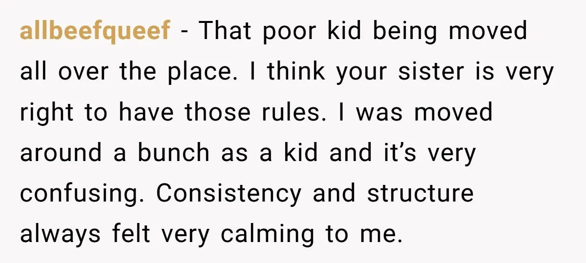 allbeefqueef − That poor kid being moved all over the place. I think your sister is very right to have those rules. I was moved around a bunch as a...