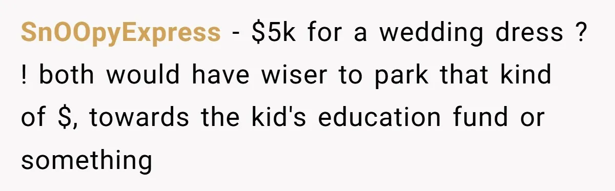 SnOOpyExpress − $5k for a wedding dress ? ! both would have wiser to park that kind of $, towards the kid's education fund or something