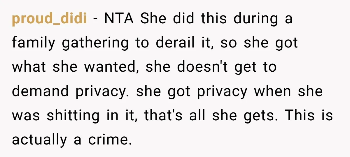 proud_didi − NTA She did this during a family gathering to derail it, so she got what she wanted, she doesn't get to demand privacy. she got privacy when she...