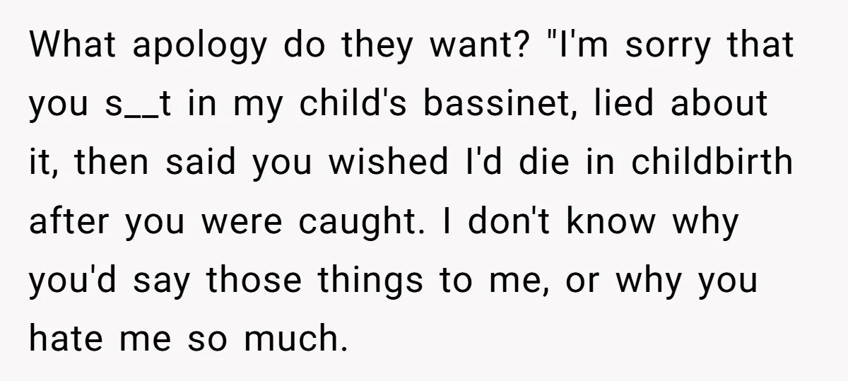 What apology do they want? "I'm sorry that you s__t in my child's bassinet, lied about it, then said you wished I'd die in childbirth after you were caught. I...