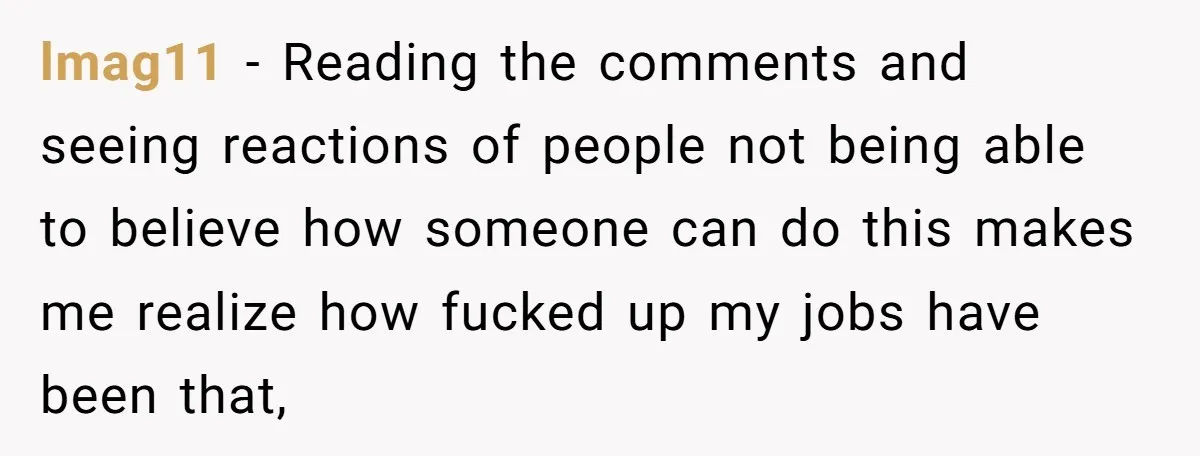lmag11 − Reading the comments and seeing reactions of people not being able to believe how someone can do this makes me realize how fucked up my jobs have been...