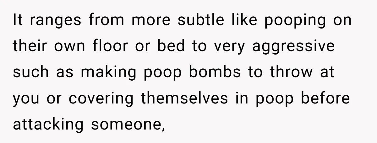 It ranges from more subtle like pooping on their own floor or bed to very aggressive such as making poop bombs to throw at you or covering themselves in poop...