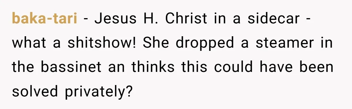 baka-tari − Jesus H. Christ in a sidecar - what a shitshow! She dropped a steamer in the bassinet an thinks this could have been solved privately?