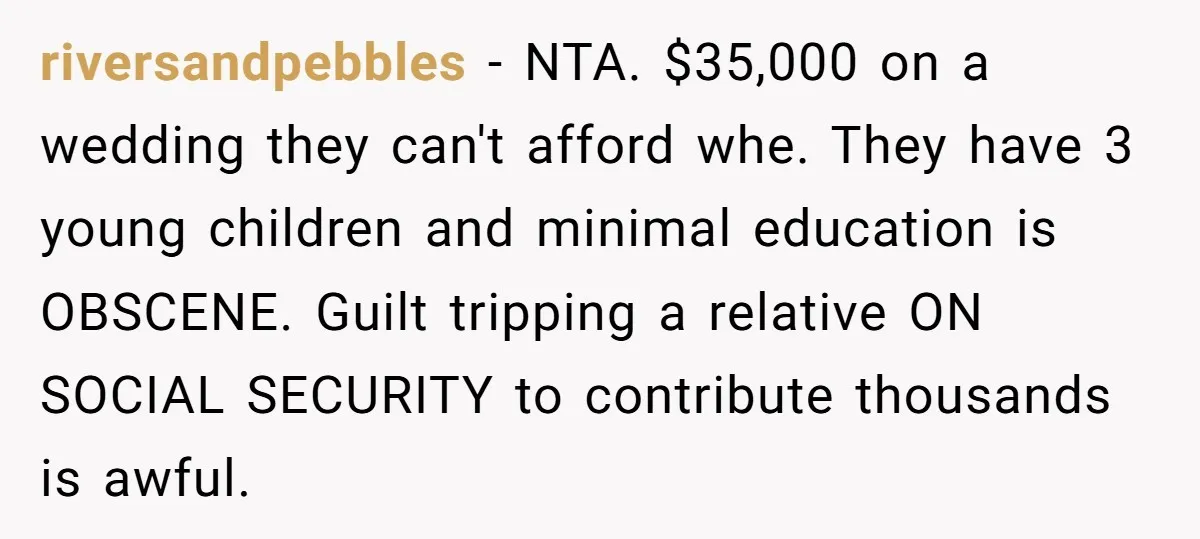 riversandpebbles − NTA. $35,000 on a wedding they can't afford whe. They have 3 young children and minimal education is OBSCENE. Guilt tripping a relative ON SOCIAL SECURITY to contribute...