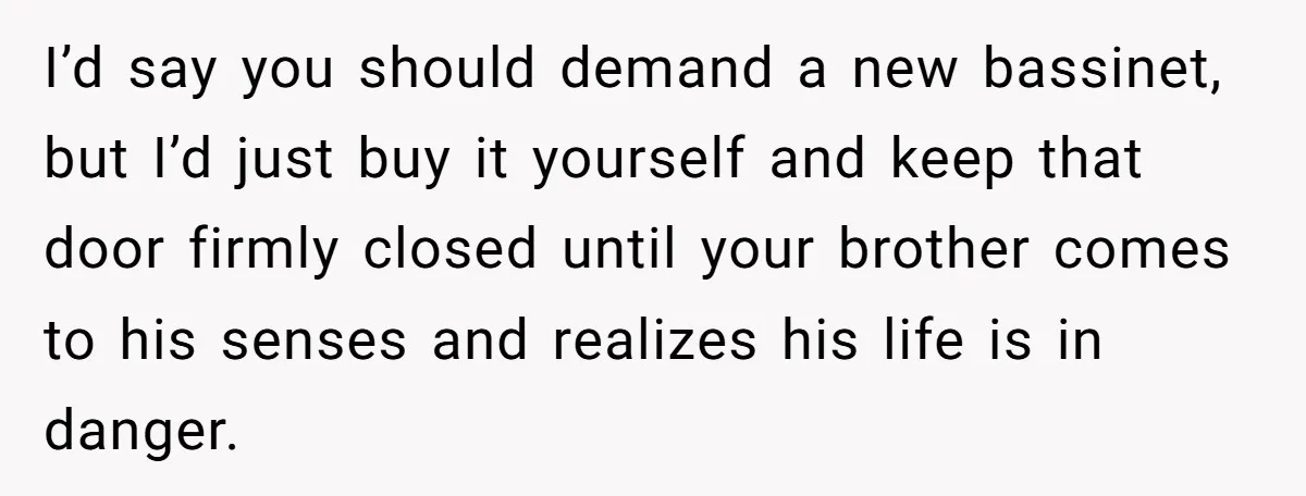 I’d say you should demand a new bassinet, but I’d just buy it yourself and keep that door firmly closed until your brother comes to his senses and realizes his...