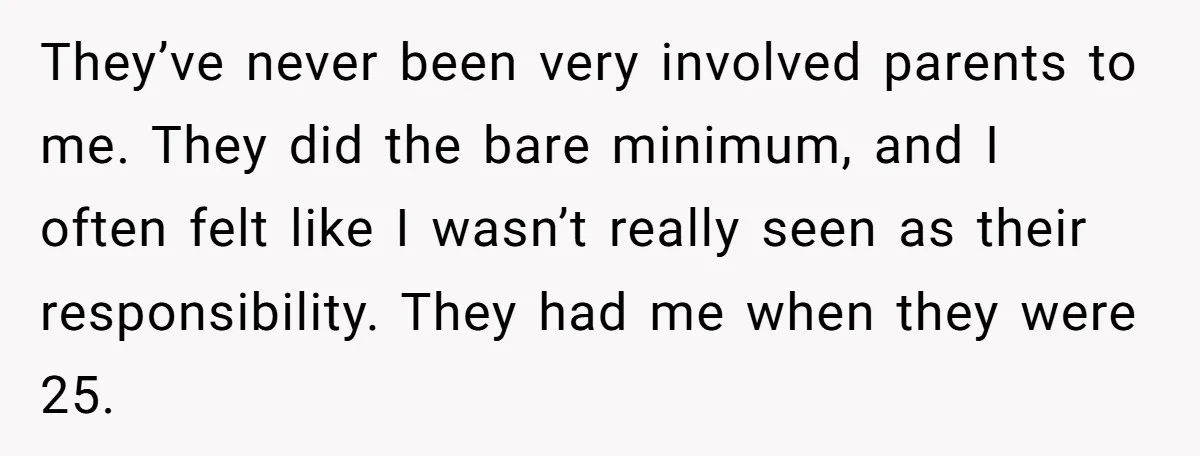They’ve never been very involved parents to me. They did the bare minimum, and I often felt like I wasn’t really seen as their responsibility. They had me when they...