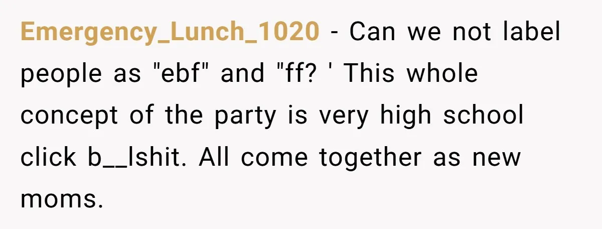 Emergency_Lunch_1020 - Can we not label people as "ebf" and "ff? ' This whole concept of the party is very high school click b__lshit. All come together as new moms.