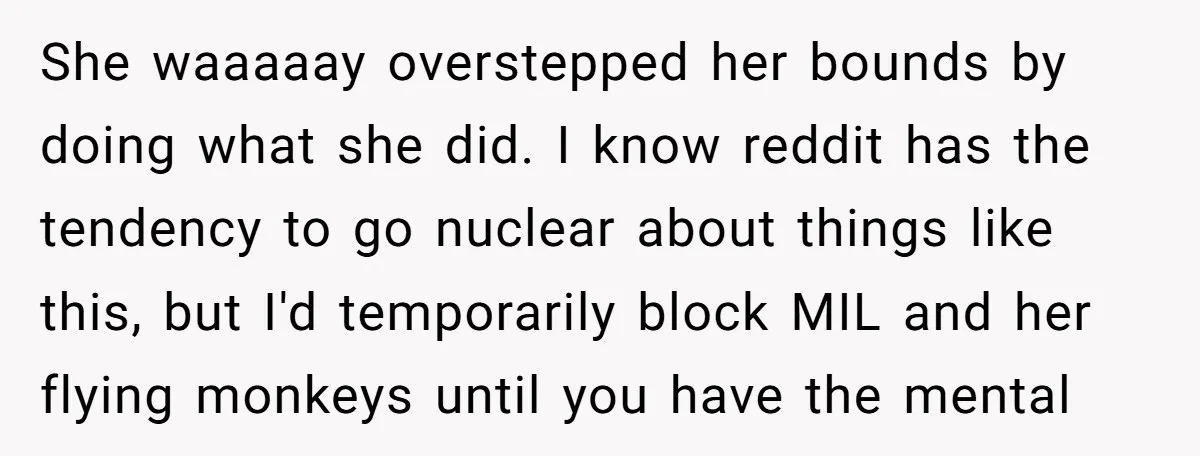 She waaaaay overstepped her bounds by doing what she did. I know reddit has the tendency to go nuclear about things like this, but I'd temporarily block MIL and her...