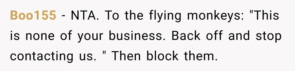 Boo155 − NTA. To the flying monkeys: "This is none of your business. Back off and stop contacting us. " Then block them.