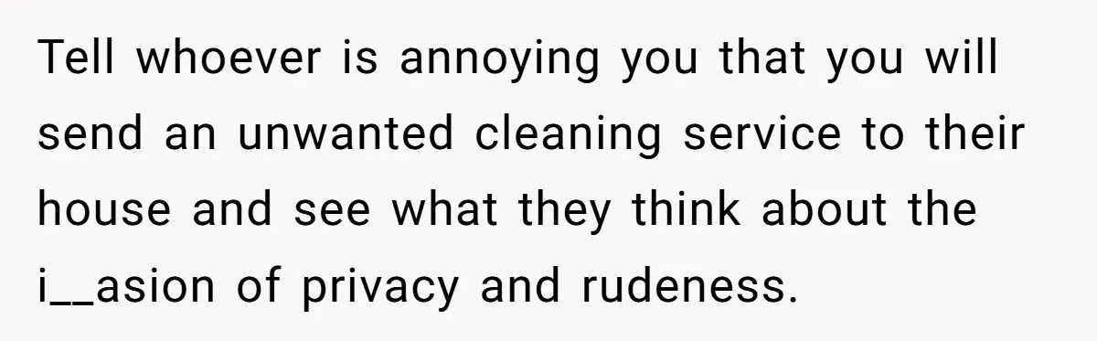 Tell whoever is annoying you that you will send an unwanted cleaning service to their house and see what they think about the i__asion of privacy and rudeness.
