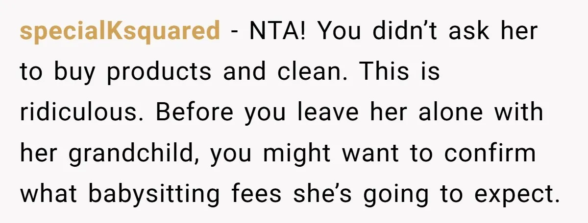 specialKsquared − NTA! You didn’t ask her to buy products and clean. This is ridiculous. Before you leave her alone with her grandchild, you might want to confirm what babysitting...