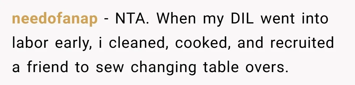 needofanap − NTA. When my DIL went into labor early, i cleaned, cooked, and recruited a friend to sew changing table overs.