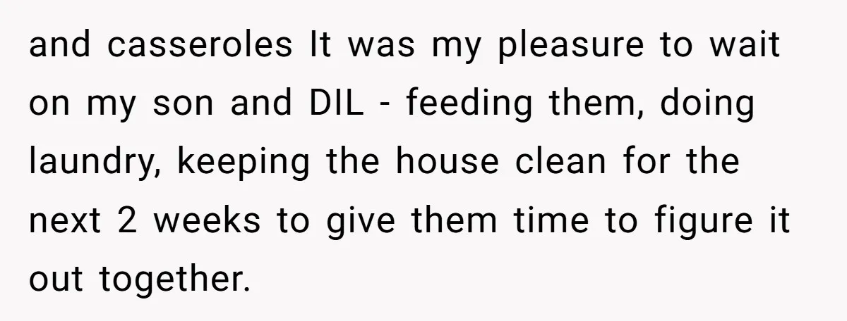 and casseroles It was my pleasure to wait on my son and DIL - feeding them, doing laundry, keeping the house clean for the next 2 weeks to give them...
