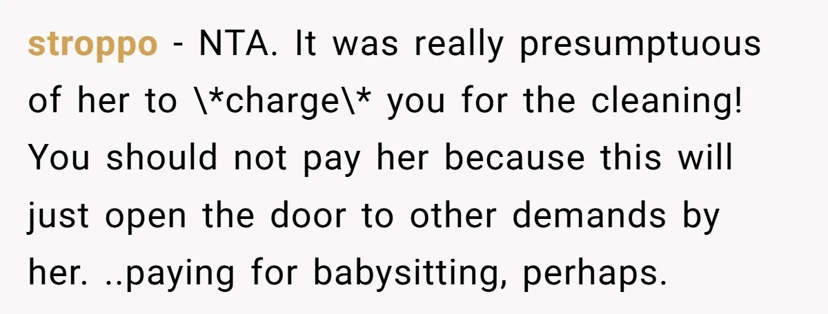 stroppo − NTA. It was really presumptuous of her to \*charge\* you for the cleaning! You should not pay her because this will just open the door to other demands...