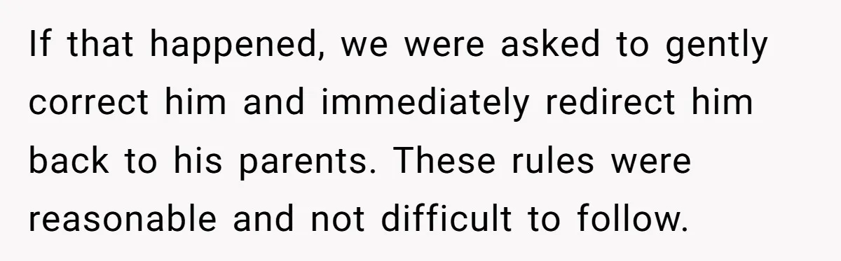 If that happened, we were asked to gently correct him and immediately redirect him back to his parents. These rules were reasonable and not difficult to follow.