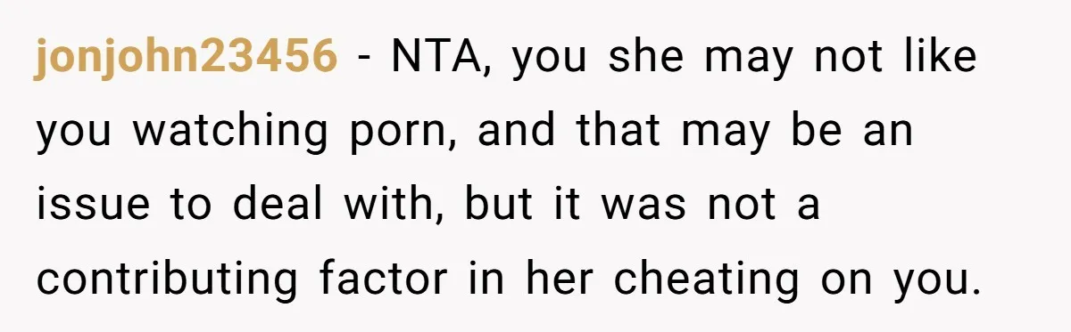 jonjohn23456 − NTA, you she may not like you watching porn, and that may be an issue to deal with, but it was not a contributing factor in her cheating...