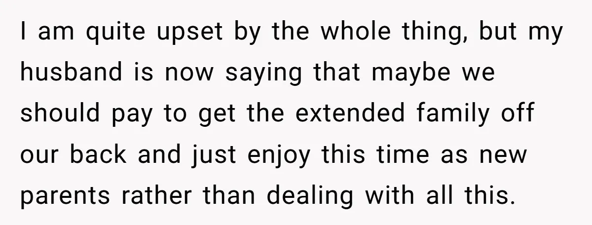 I am quite upset by the whole thing, but my husband is now saying that maybe we should pay to get the extended family off our back and just enjoy...