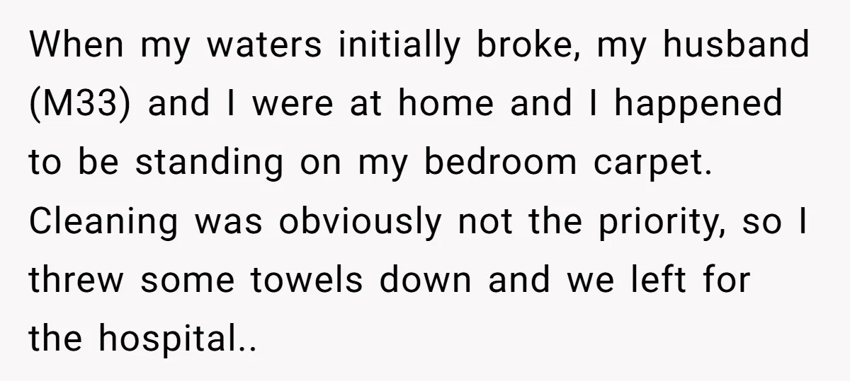 When my waters initially broke, my husband (M33) and I were at home and I happened to be standing on my bedroom carpet. Cleaning was obviously not the priority, so...