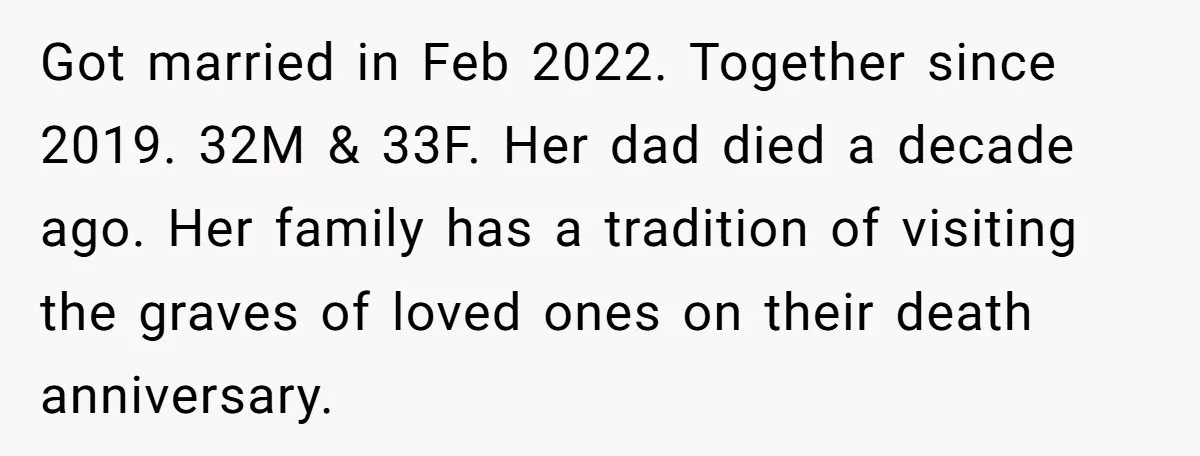 Got married in Feb 2022. Together since 2019. 32M & 33F. Her dad died a decade ago. Her family has a tradition of visiting the graves of loved ones on...